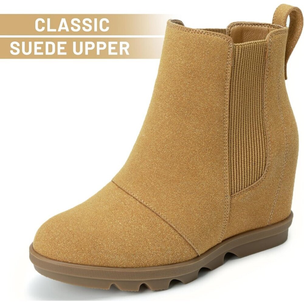 Athlefit Women's Light Brown Faux Leather Wedge Comfortable Ankle Wedge Booties - Picture 5 of 6